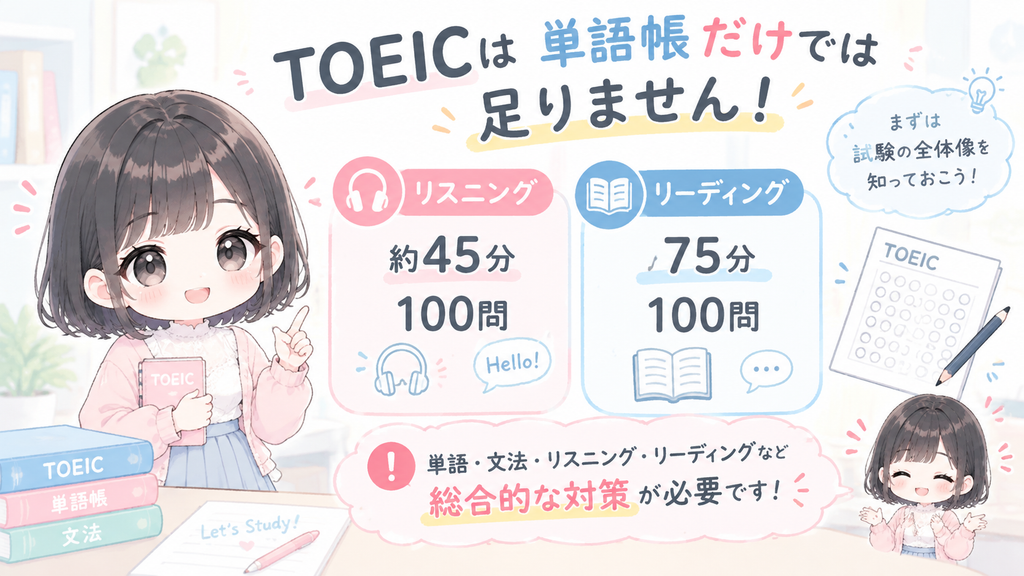 TOEICはリスニング約45分・100問、リーディング75分・100問の試験なので、単語帳だけでは足りません。
