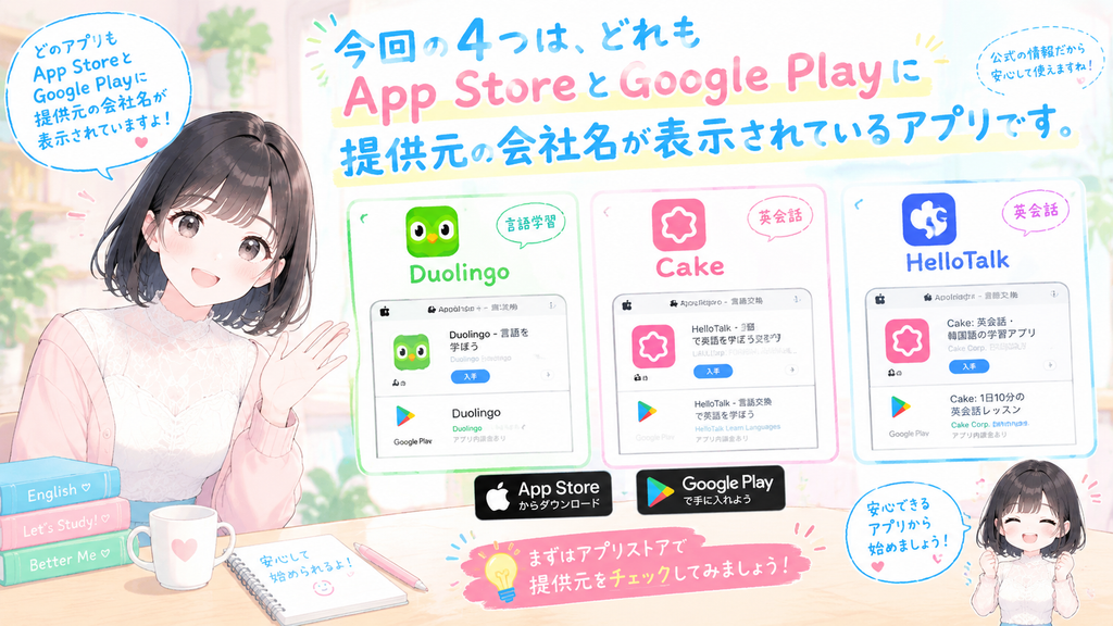 今回の4つは、どれもApp StoreとGoogle Playに提供元の会社名が表示されているアプリです。