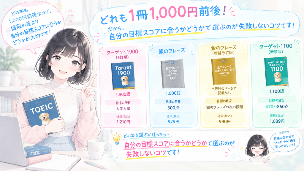 どれも1冊1,000円前後なので、値段の差より、自分の目標スコアに合うかどうかで選ぶのが失敗しないコツです。