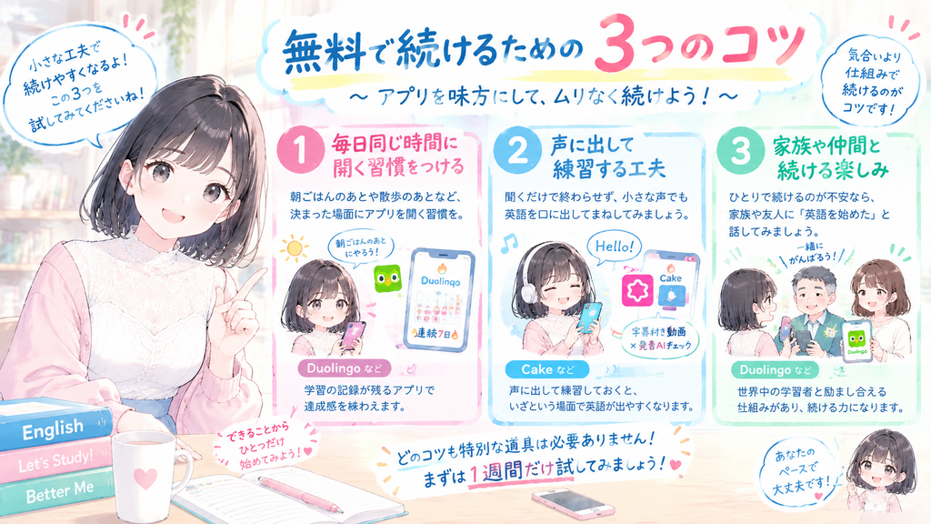 無料で続けるための3つのコツの図解