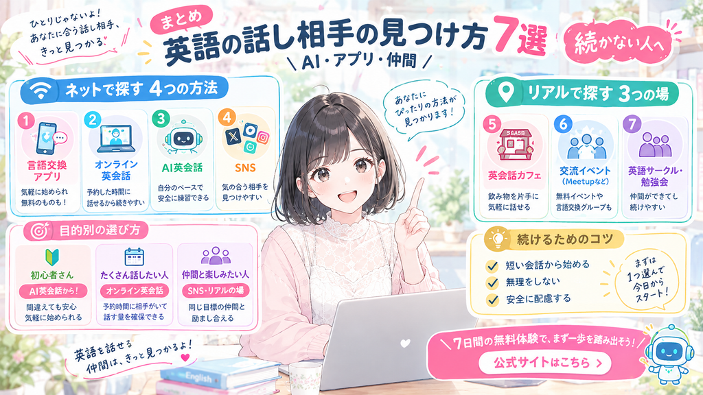 まとめ：【続かない人へ】英語の話し相手の見つけ方7選｜AI・アプリ・仲間の図解