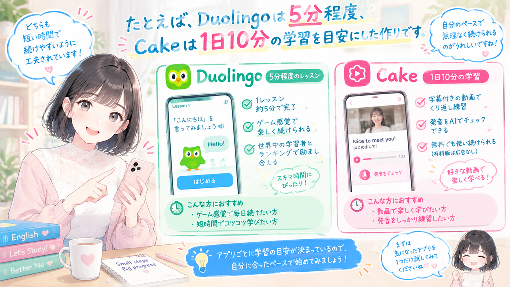 例えばDuolingoは5分程度のレッスン、Cakeは1日10分の学習を目安にした作りです。
