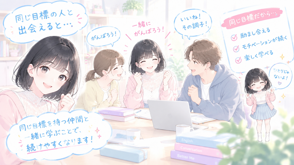 理由は、同じ目標の人と会うと、励まし合いながら続けやすくなるからです。
