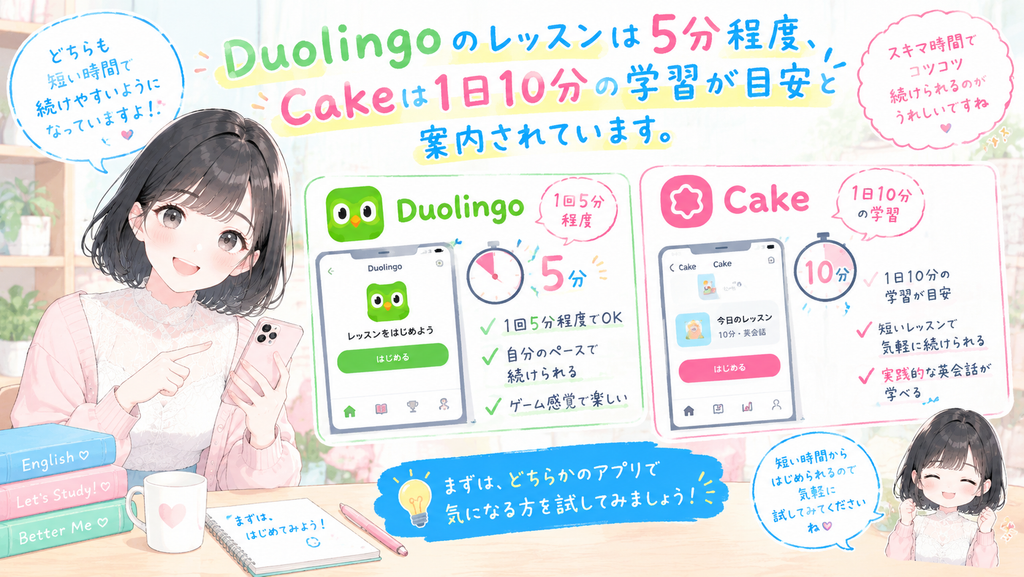 Duolingoのレッスンは5分程度、Cakeは1日10分の学習が目安と案内されています。