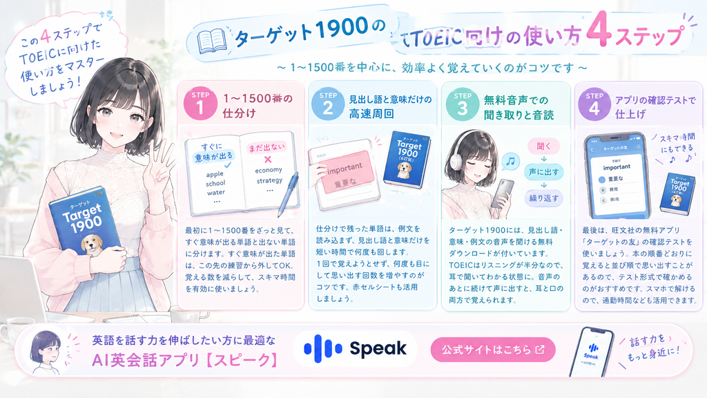 TOEIC向けの使い方4ステップの図解