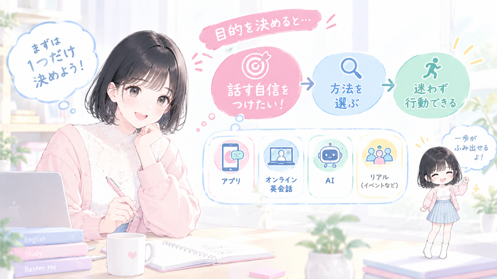 目的を1つだけ先に決めておくと、迷いが減って、最初の一歩目に選ぶ方法がはっきり見えて行動に移しやすくなります。