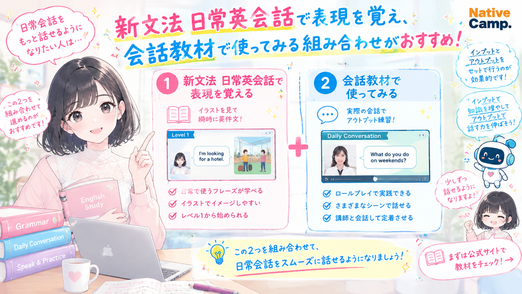 日常会話を伸ばしたい人は、新文法 日常英会話で表現を覚え、会話教材で使ってみる組み合わせがおすすめです。