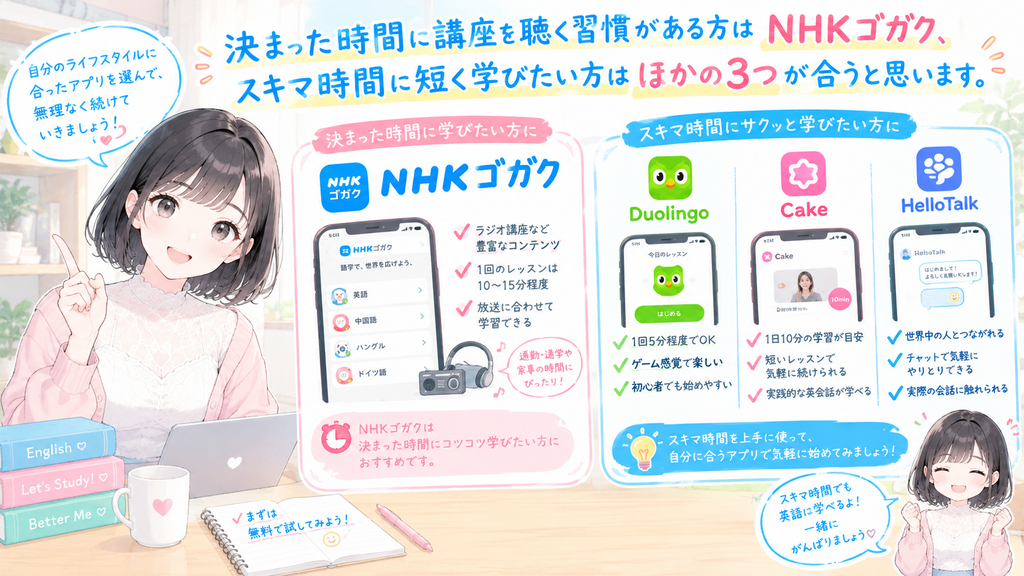 決まった時間に講座を聴く習慣がある方はNHKゴガク、スキマ時間に短く学びたい方はほかの3つが合うと思います。