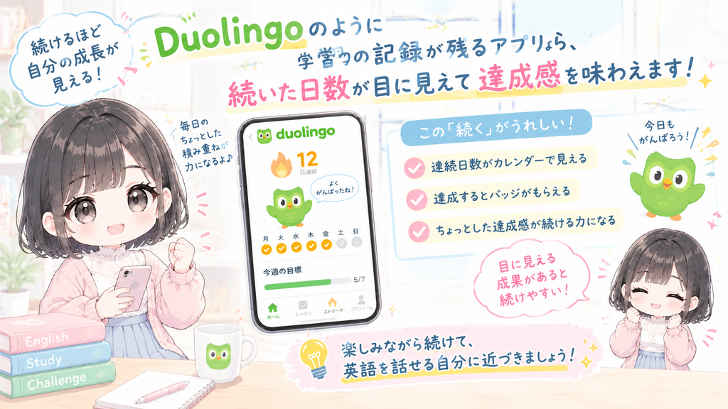Duolingoのように学習の記録が残るアプリなら、続いた日数が目に見えて達成感を味わえます。