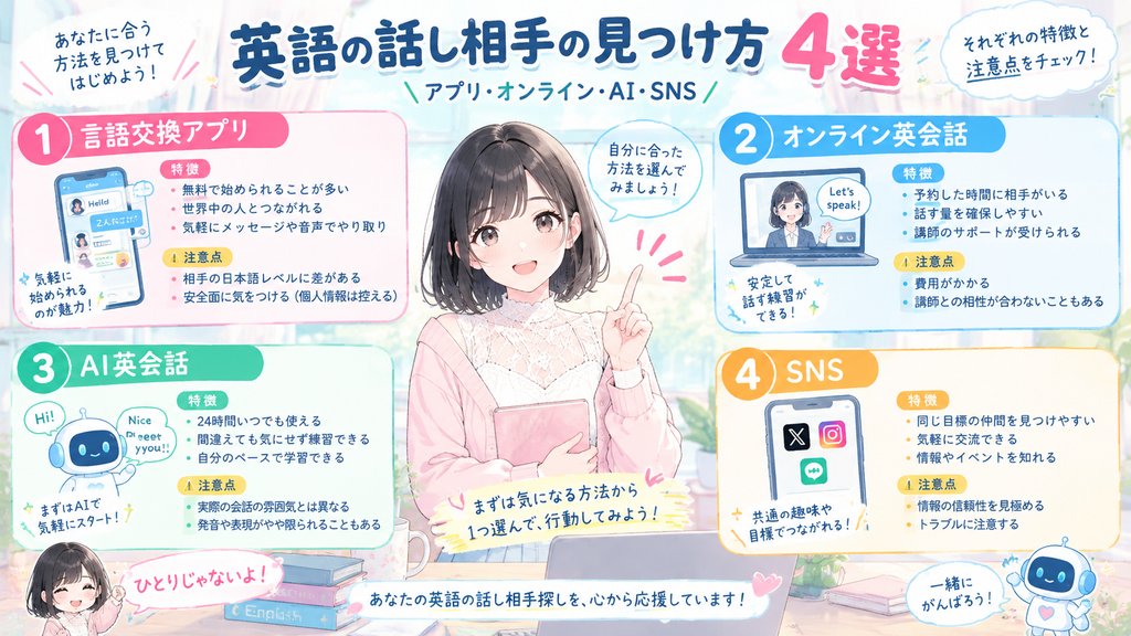 言語交換アプリ・オンライン英会話・AI・SNSの4つに分けて、それぞれの特徴と注意点を番号つきで順番に紹介します。