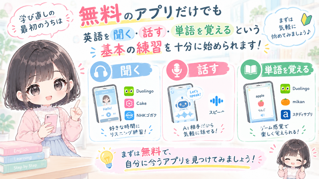 学び直しの最初のうちは、無料のアプリだけでも、英語を聞く・話す・単語を覚えるという基本の練習を十分に始められます。