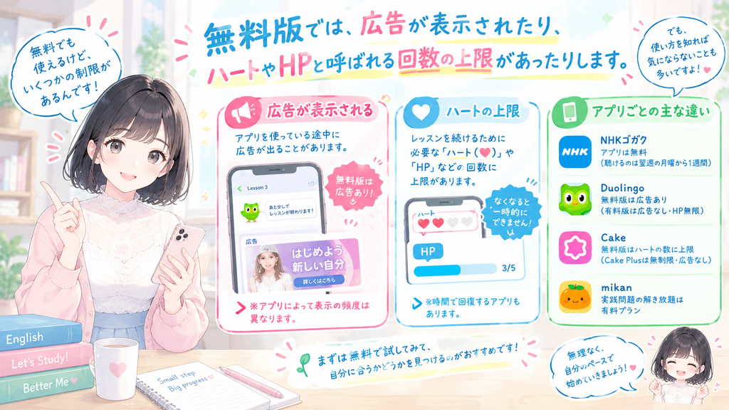 無料版では広告が表示されたり、ハートやHPと呼ばれる回数の上限があったりします。