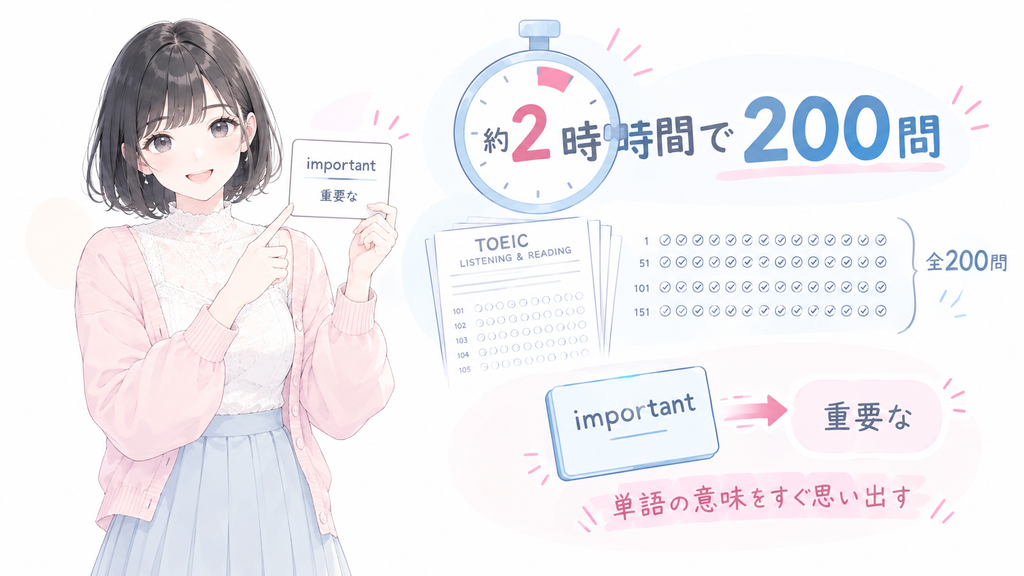 TOEIC L&Rは、リスニング約45分・100問、リーディング75分・100問、合計約2時間・200問のテストです。短い時間で正確に意味を思い出す力が求められるため、単語の即答力が重要になります。
