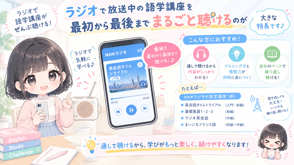 ラジオで放送中の語学講座を、最初から最後までまるごと聴けるのが大きな特長です。