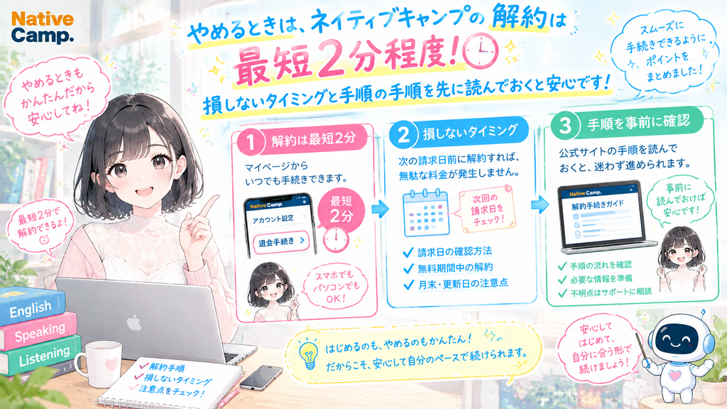 やめるときは、ネイティブキャンプの解約は最短2分程度！損しないタイミングと手順の手順を先に読んでおくと安心です。