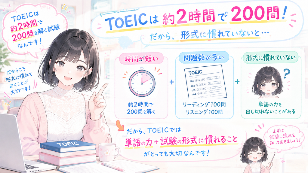 なぜなら、TOEICは約2時間で200問を解く試験なので、形式に慣れていないと単語の力を出し切れないことがあるからです。