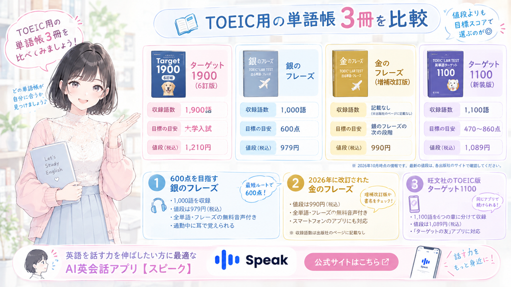 TOEIC用の単語帳3冊と比較の図解