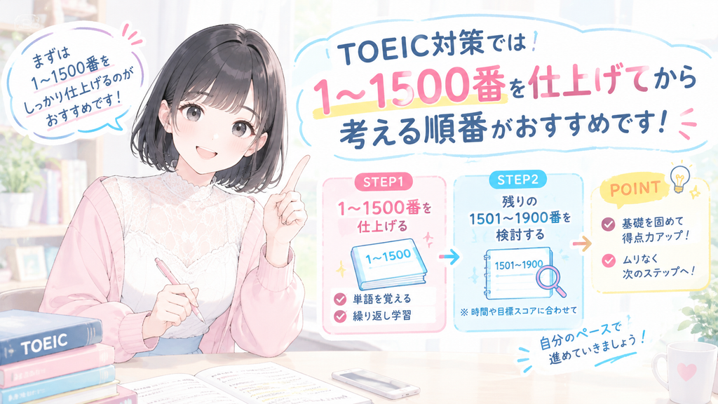 TOEIC対策では、1〜1500番を仕上げてから考える順番がおすすめです。