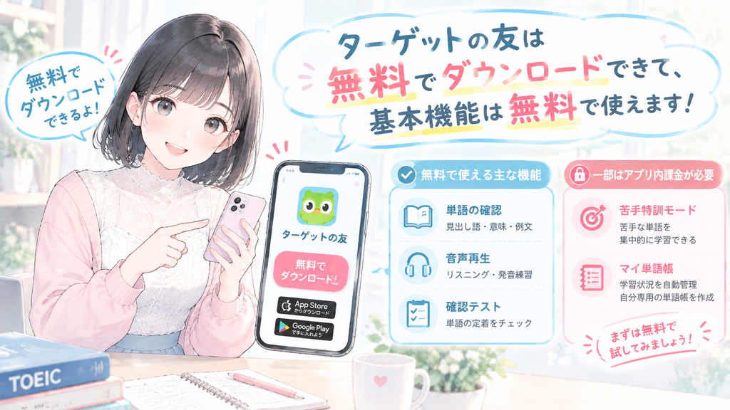 ターゲットの友は無料でダウンロードでき、基本機能は無料で使えます。ただし、苦手特訓モードや学習状況を自動管理するマイ単語帳など、一部の機能はアプリ内課金が必要です。