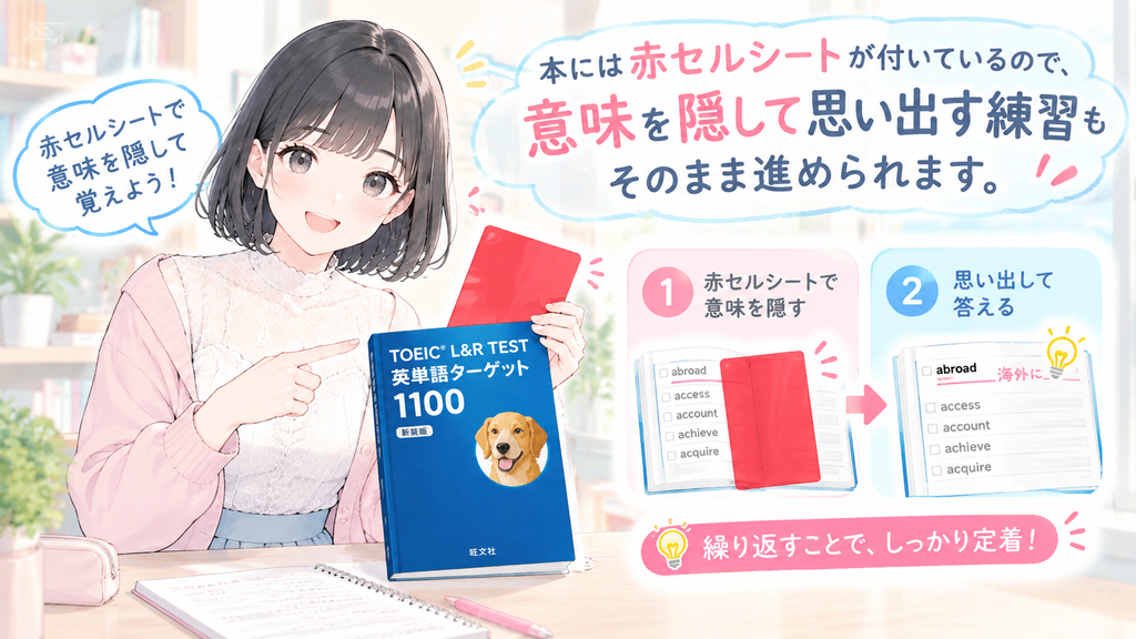 本には赤セルシートが付いているので、意味を隠して思い出す練習もそのまま進められます。
