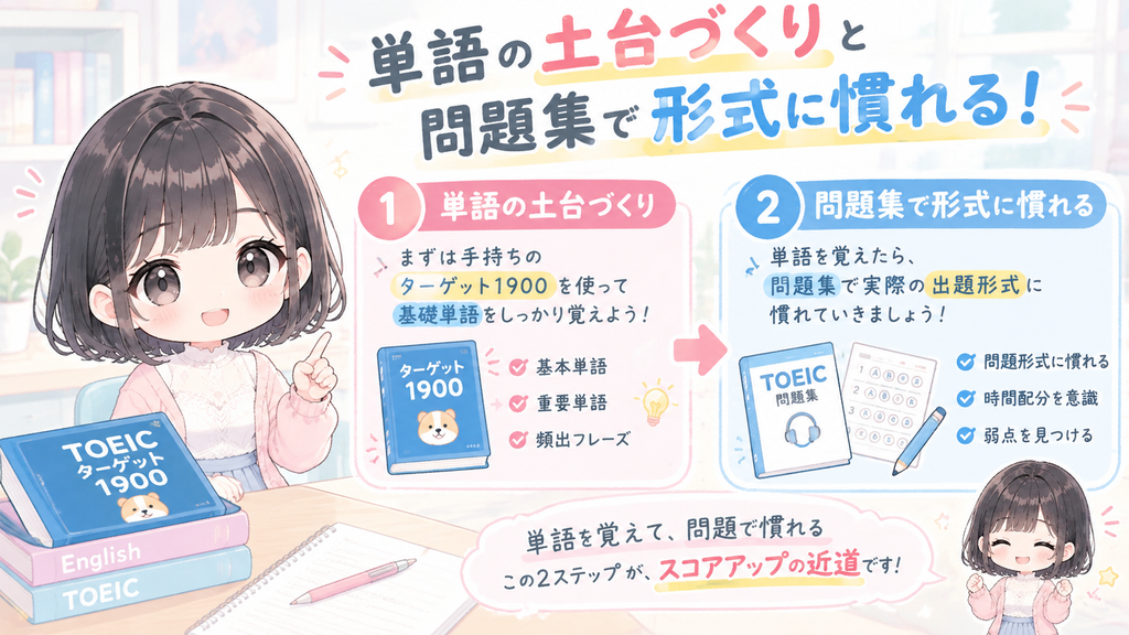 単語の土台づくりに使いながら、問題集で形式に慣れていく使い方をおすすめします。