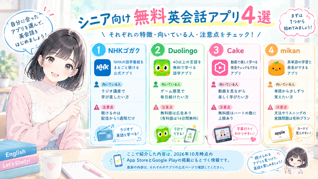 シニア向け無料英会話アプリ4選の図解