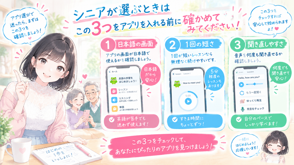 シニアが選ぶときは日本語の画面と1回の短さ、そして音声の聞き直しやすさの3つを、アプリを入れる前に確かめてみてください。