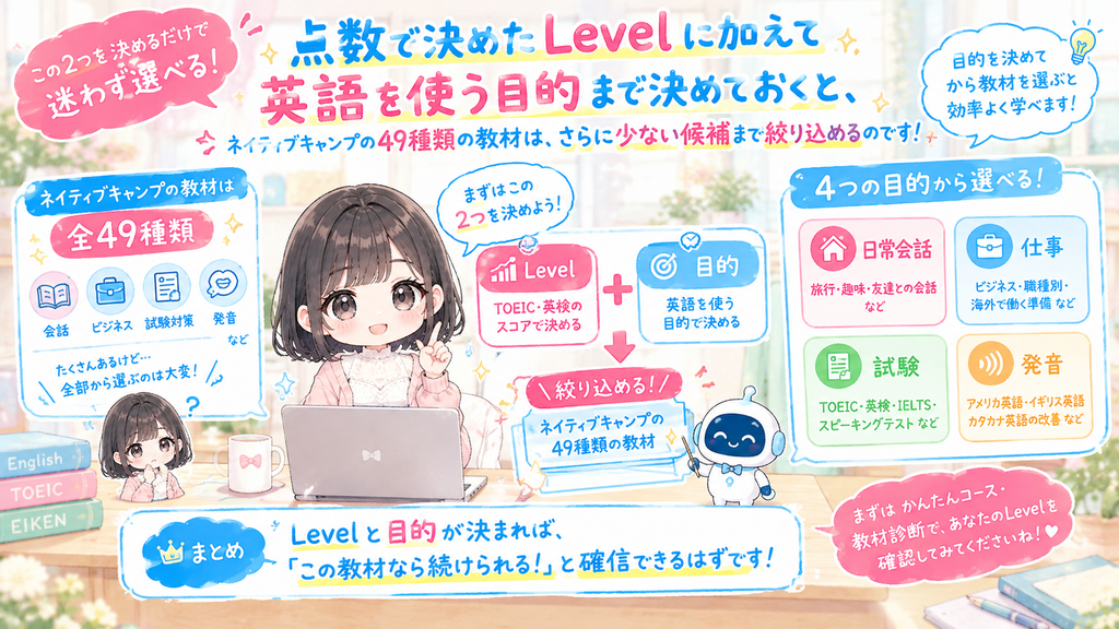 点数で決めたLevelに加えて英語を使う目的まで決めておくと、ネイティブキャンプの49種類の教材は、さらに少ない候補まで絞り込めるのです。