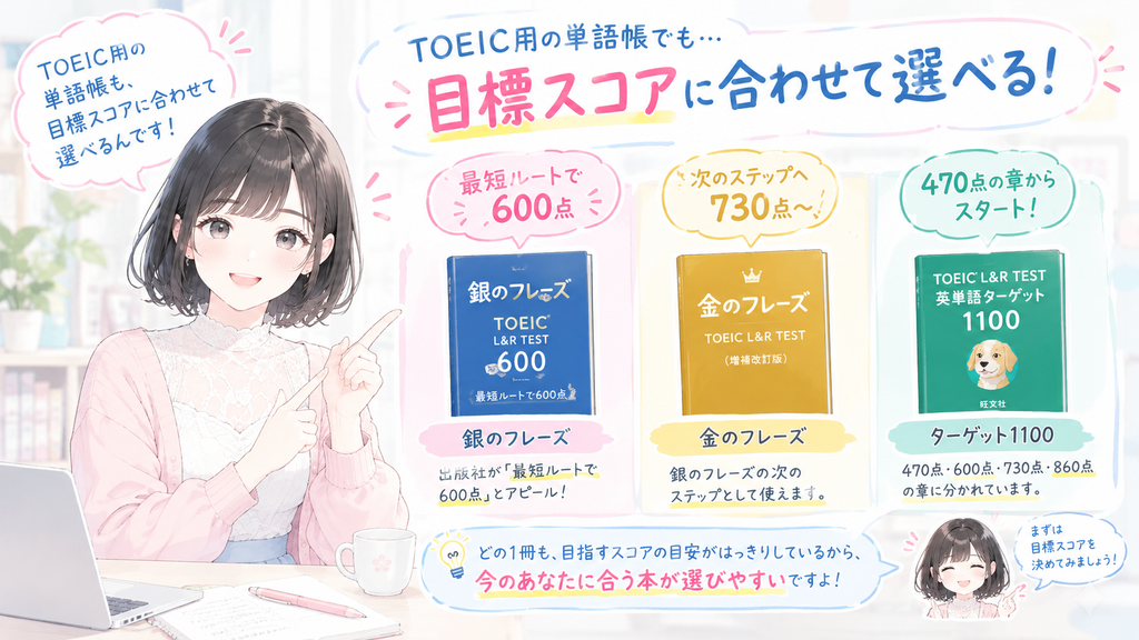 TOEIC用の本でも、銀のフレーズは「最短ルートで600点」をうたい、ターゲット1100は470点の章から始まります。