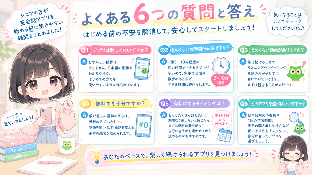 最後に、シニアの方が英会話アプリを始める前に抱きやすい疑問を、6つの質問と答えの形でまとめておきました。