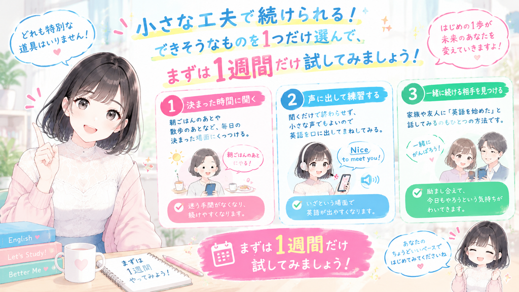 どれも特別な道具がいらない小さな工夫なので、できそうなものを1つだけ選んで、まずは1週間だけ試してみてください。