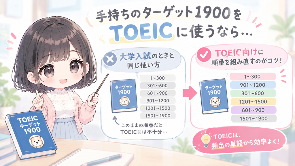 手持ちのターゲット1900をTOEICに使うなら、大学入試のときと同じ使い方ではなく、TOEIC向けに順番を組み直すのがコツです。