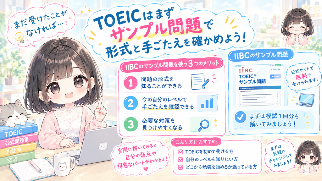 まだ受けたことがなければ、TOEICを運営するIIBCのサンプル問題で、問題の形式と手ごたえを確かめてみてください。