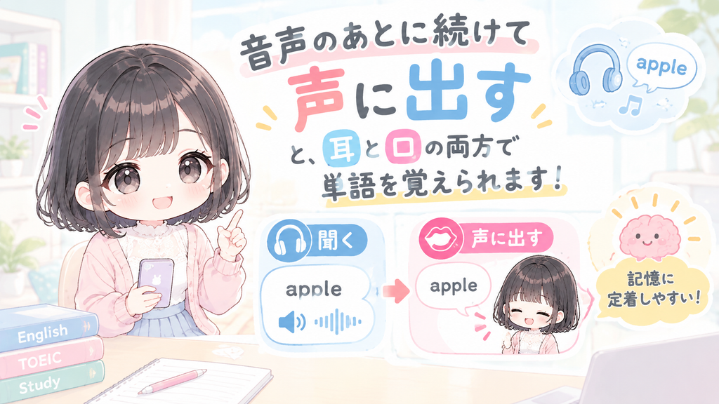 音声のあとに続けて声に出すと、耳と口の両方で単語を覚えられます。
