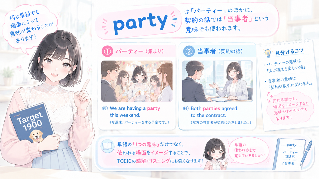 たとえば party は「パーティー」の意味が中心ですが、契約や交渉の場面では「当事者」という意味でも使われます。