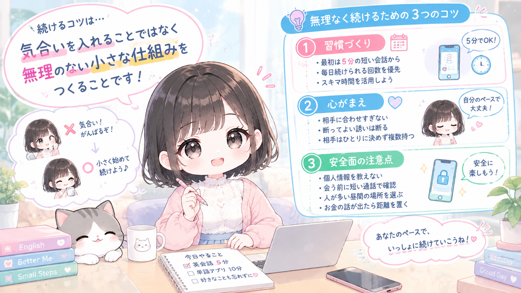 続けるコツは、気合を入れることではなく、無理のない小さな仕組みを忙しい毎日の暮らしの中につくることです。