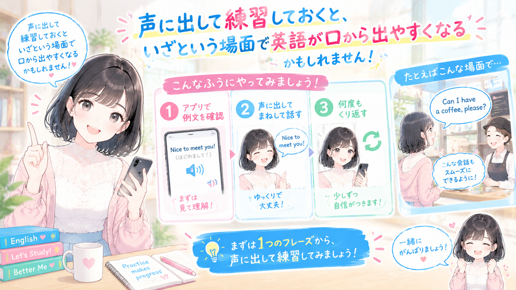 声に出して練習しておくと、いざという場面で英語が口から出やすくなるかもしれません。