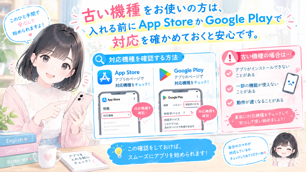古い機種をお使いの方は、入れる前にApp StoreかGoogle Playで対応を確かめておくと安心です。