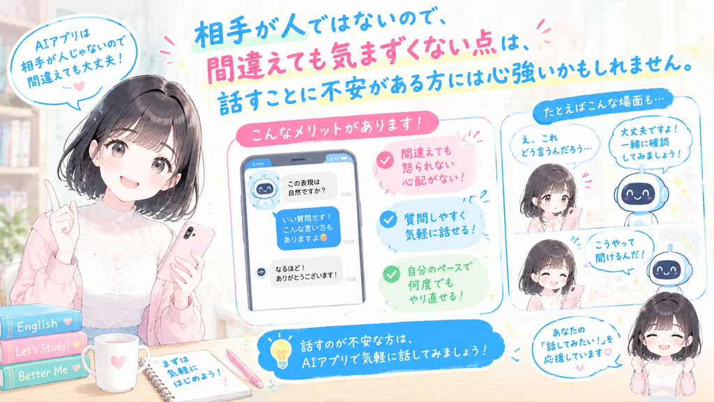 相手が人ではないので、間違えても気まずくない点は、話すことに不安がある方には心強いかもしれません。