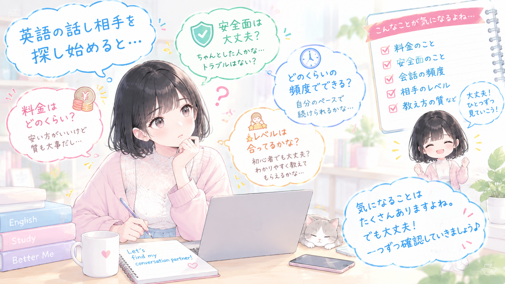 英語の話し相手を探し始めると、料金のことや安全面のことなど、実際に動く前に確かめたいことが次々に出てくるものです。