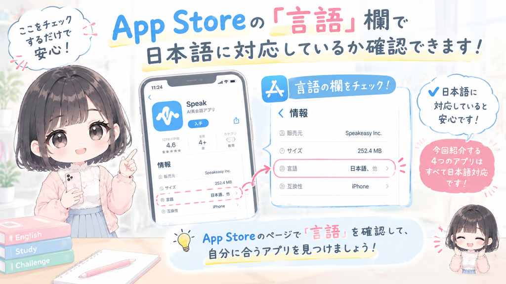 App Storeでは、アプリのページの「言語」の欄で、日本語に対応しているかを確かめられるので安心です。