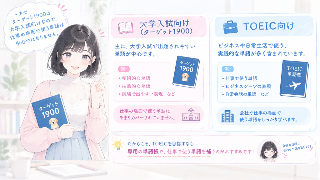 一方でターゲット1900は大学入試向けなので、仕事の場面で使う単語は中心ではありません。